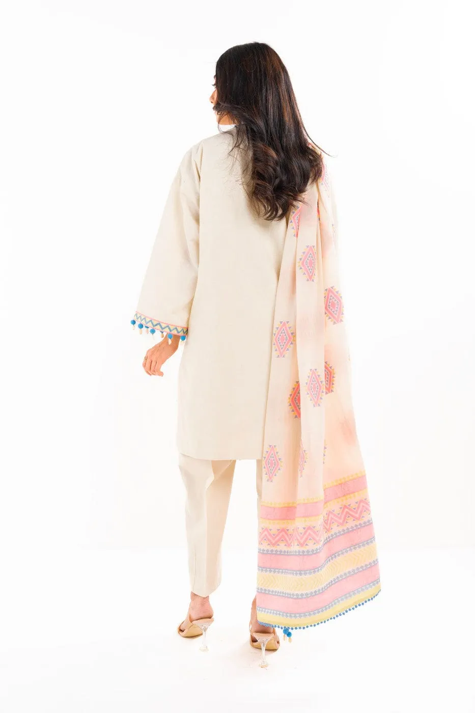 3 Pc Embroidered Dobby Dyed Suit With Jacquard Dupatta