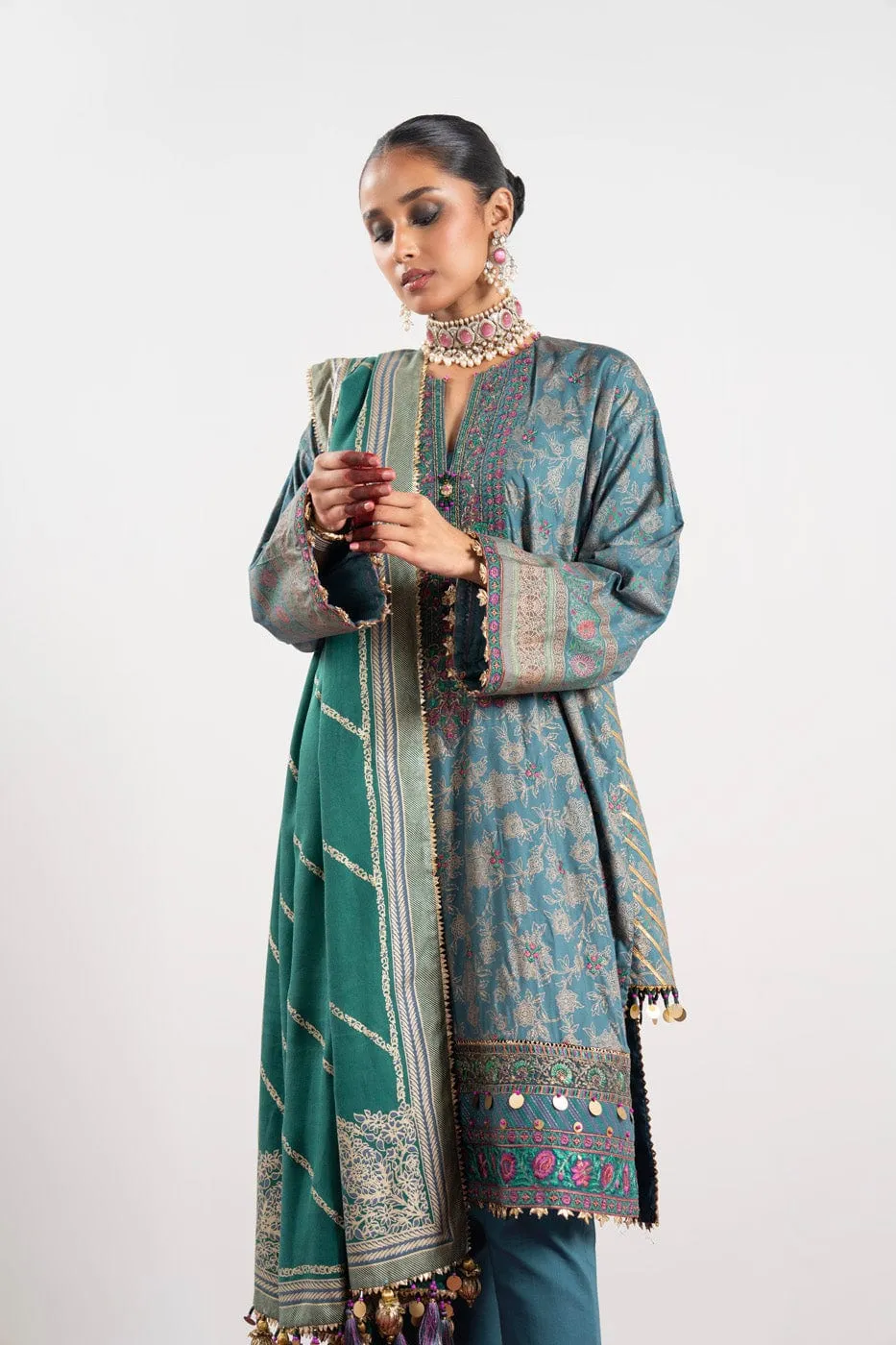 3 Pc Embroidered Viscose Suit With Hearing Bone Dupatta