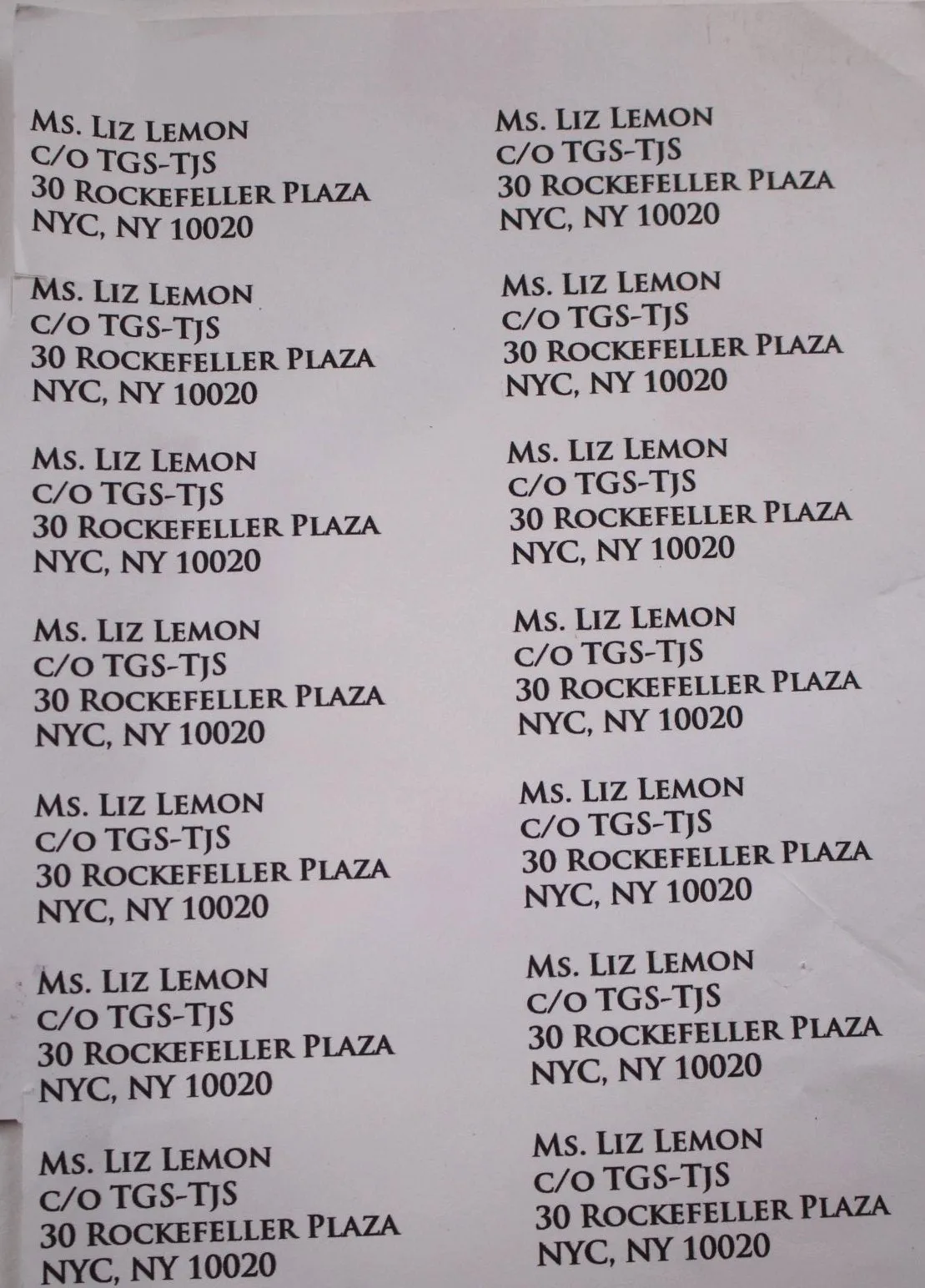 30 Rock: Liz Lemon's Address Labels