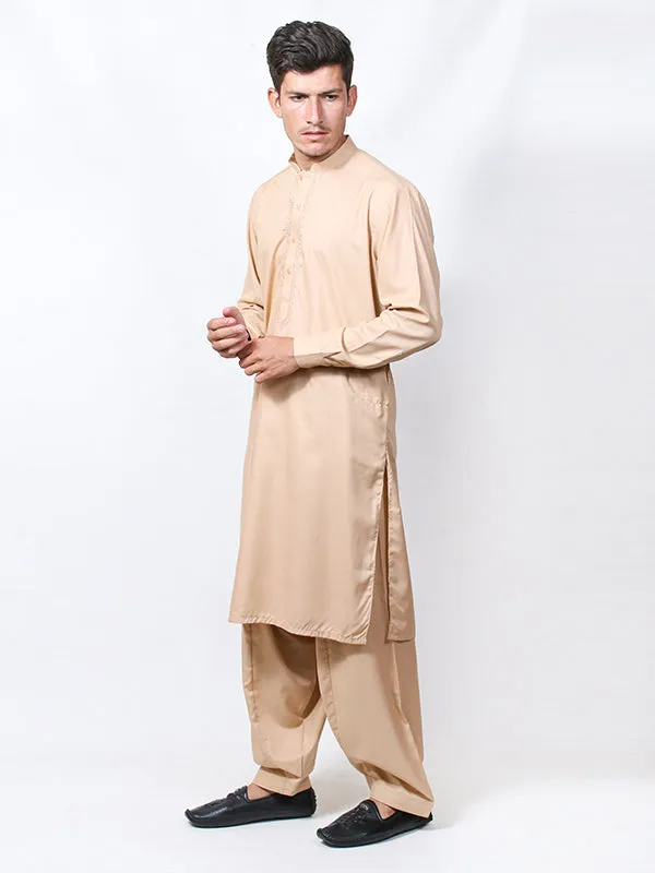 461/1E Men's Kameez Shalwar Stitched Suit Sherwani Collar Fawn