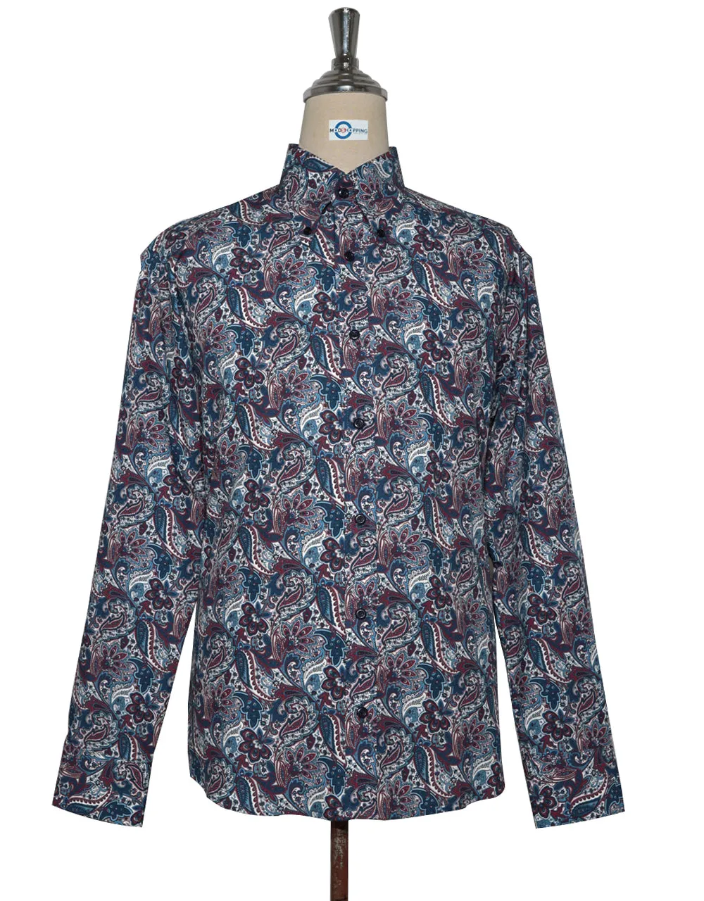 60s Style Navy Blue and Burgundy Paisley Shirt