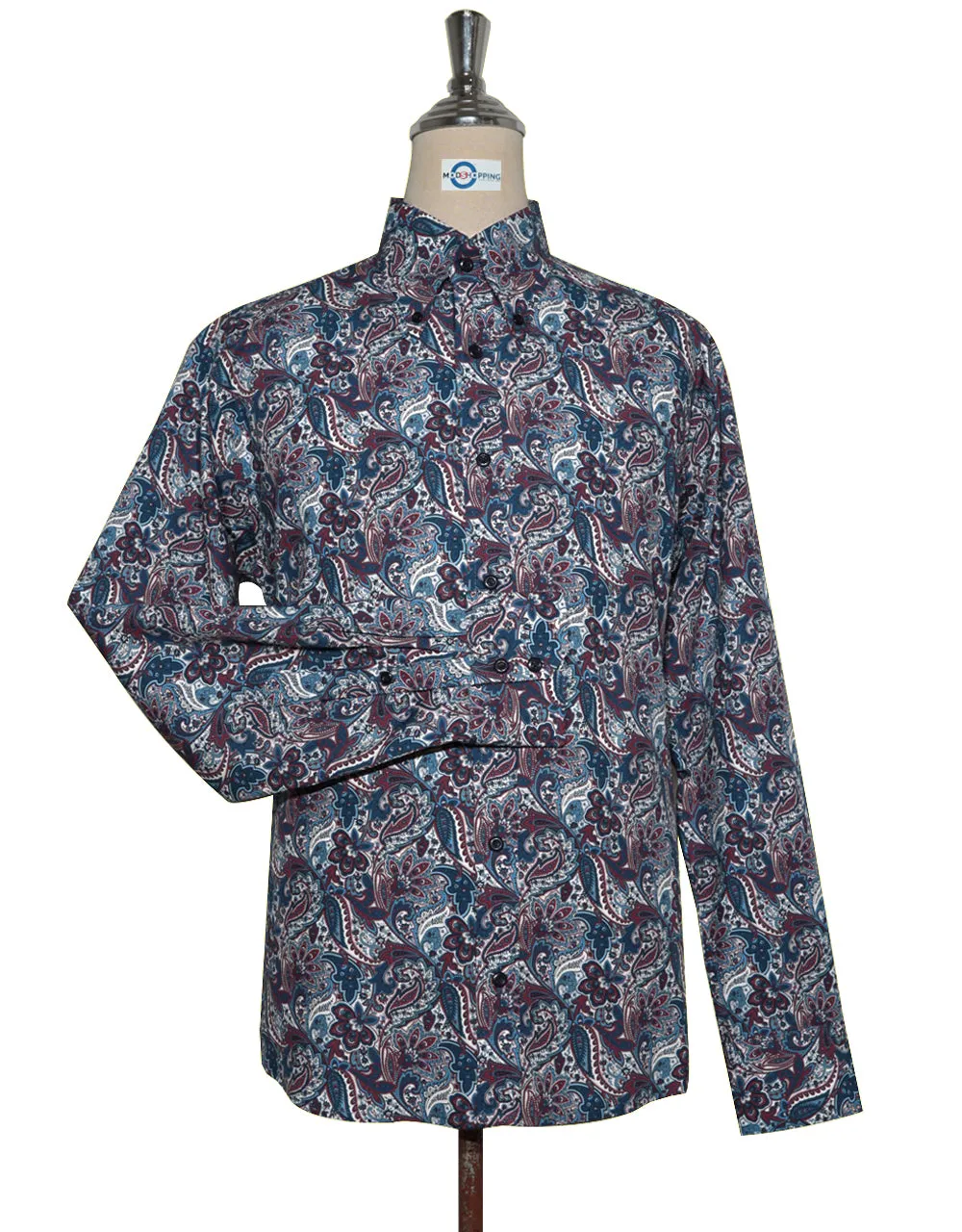 60s Style Navy Blue and Burgundy Paisley Shirt