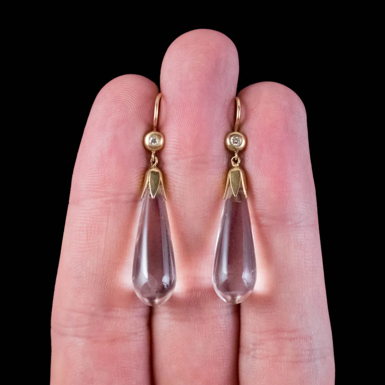 Antique Edwardian Rock Crystal Diamond Drop Earrings 18Ct Gold Circa 1905