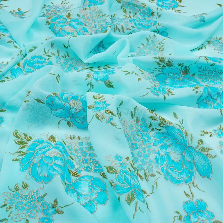 Baby Blue & Golden Floral Printed Faux Georgette Fabric