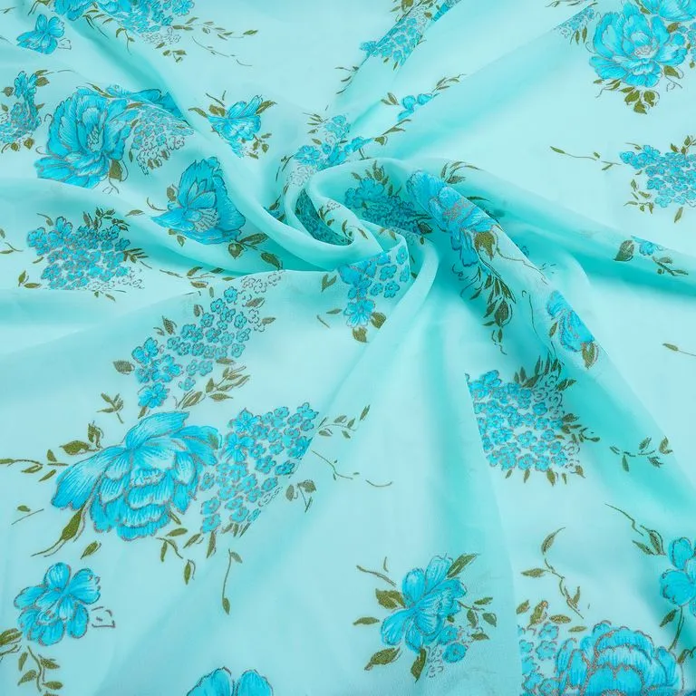 Baby Blue & Golden Floral Printed Faux Georgette Fabric