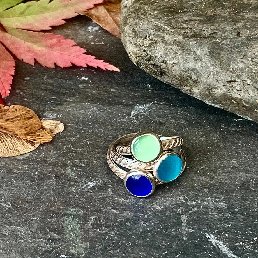 Colourful silver and cats eye stacking rings