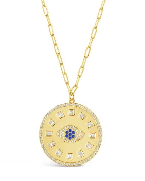 Evil Eye CZ Sun Dial Coin Pendant Necklace