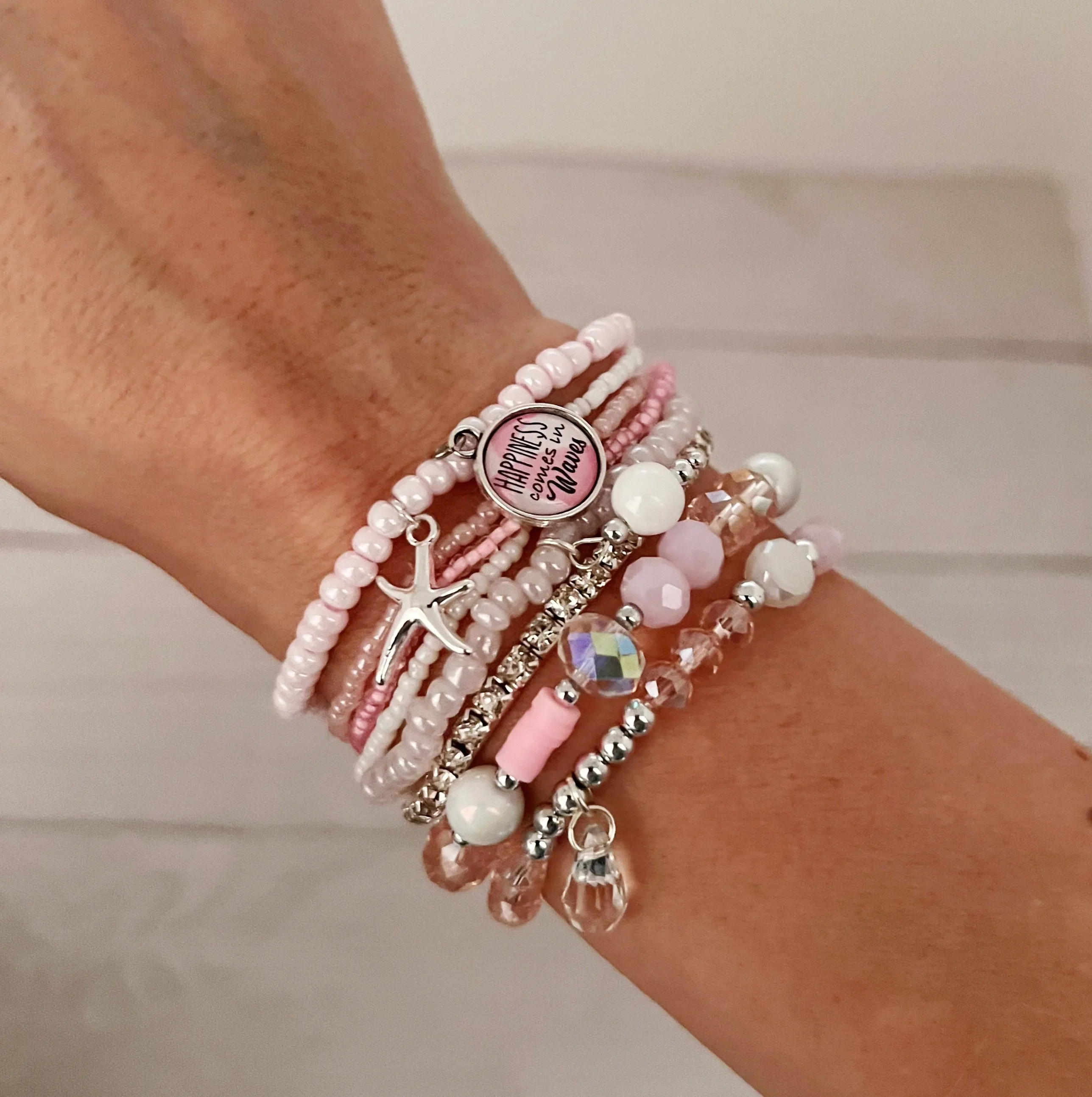 Happiness Comes In Waves Bracelet Set- PINK