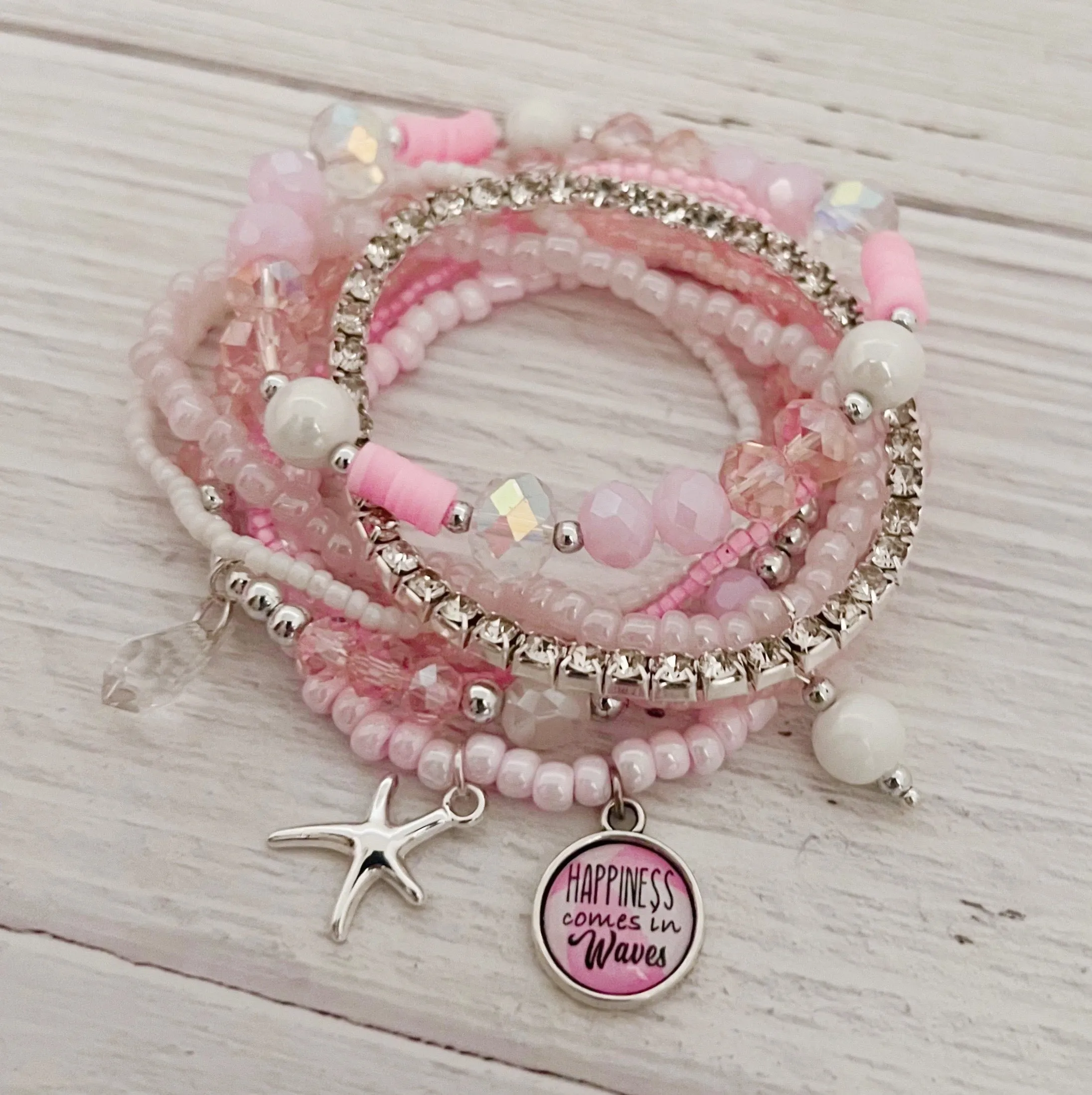 Happiness Comes In Waves Bracelet Set- PINK