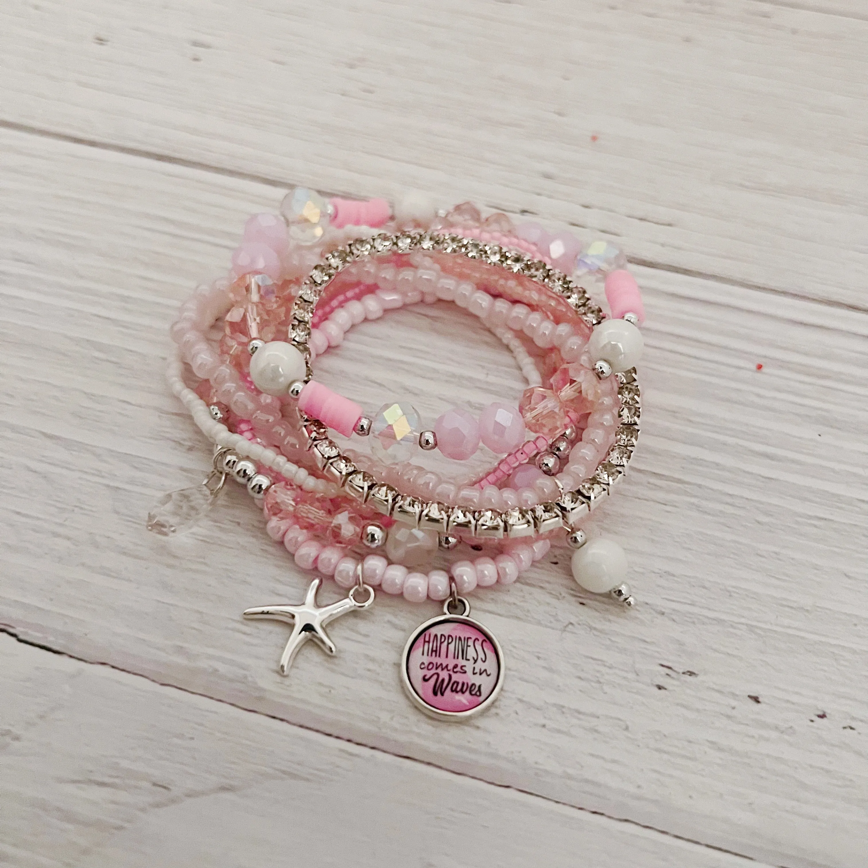 Happiness Comes In Waves Bracelet Set- PINK