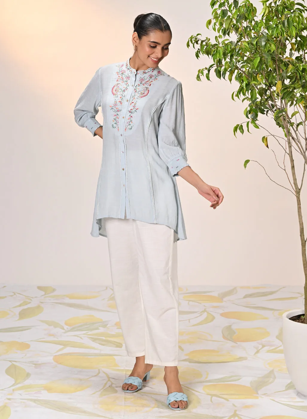 Maha Powder Blue Embroidered Crinkled Crepe Shirt for Women