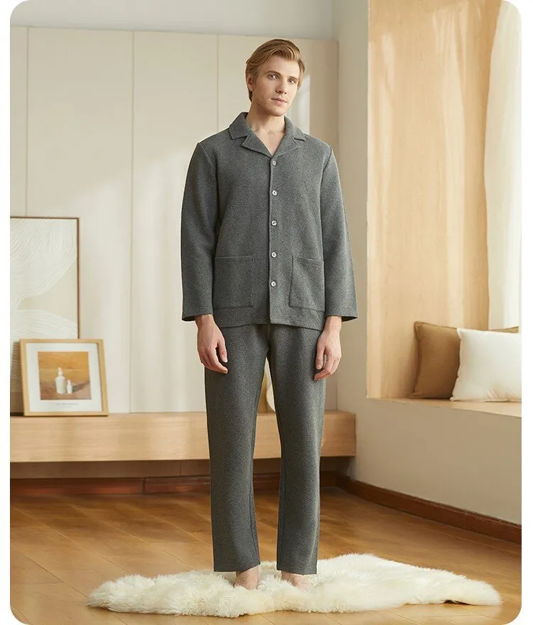 Men's Cotton Lapel Long Sleeved Winter Sleepwear Homewear Set