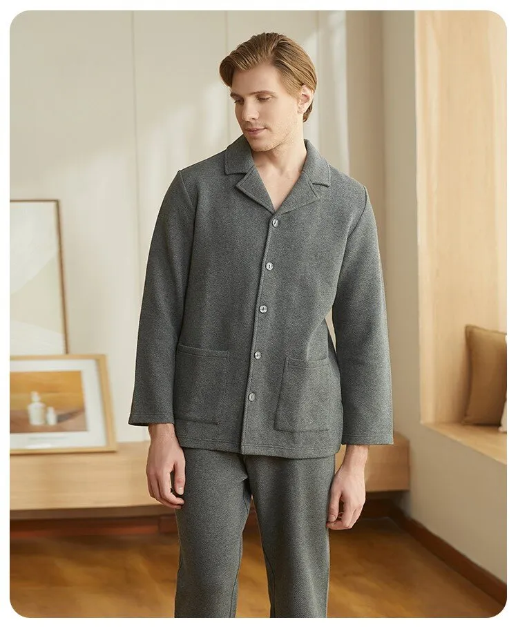 Men's Cotton Lapel Long Sleeved Winter Sleepwear Homewear Set