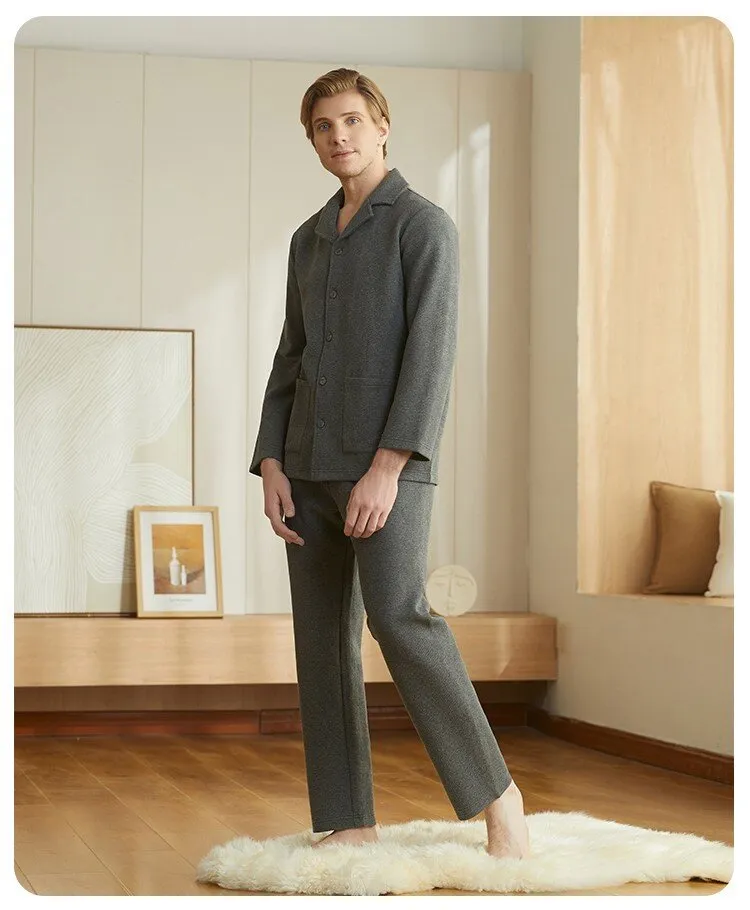 Men's Cotton Lapel Long Sleeved Winter Sleepwear Homewear Set