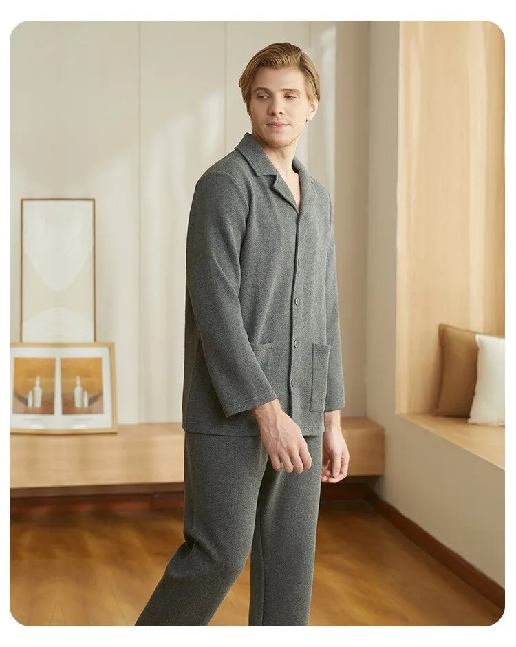 Men's Cotton Lapel Long Sleeved Winter Sleepwear Homewear Set