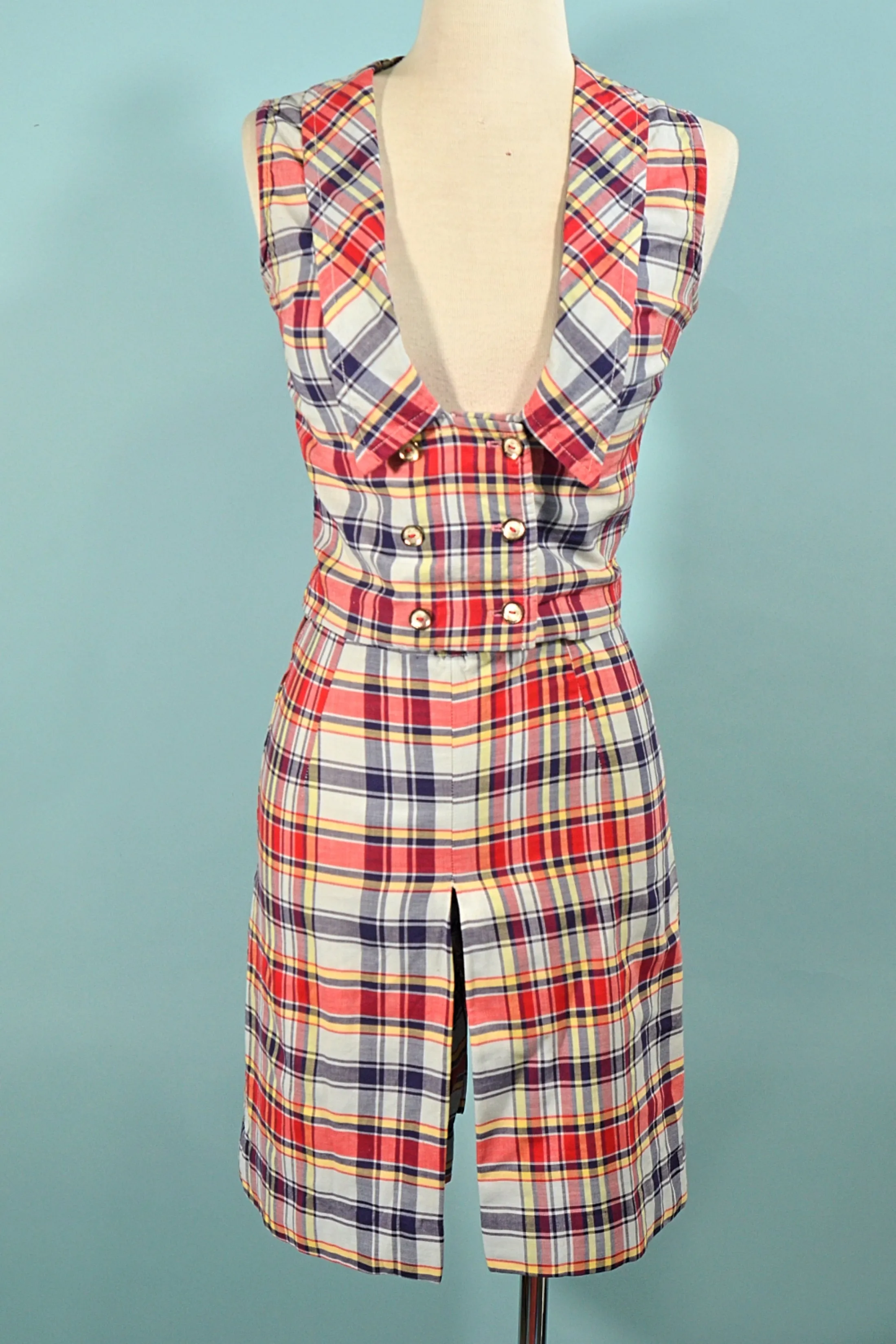 SOLD 60s Madras Plaid Shorts/Top Set, 2 Piece Set Skort & Top XS