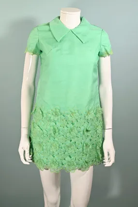 SOLD Vintage 60s Girl's Mini Dress w/Applique Flowers, Mint Shift Party Dress