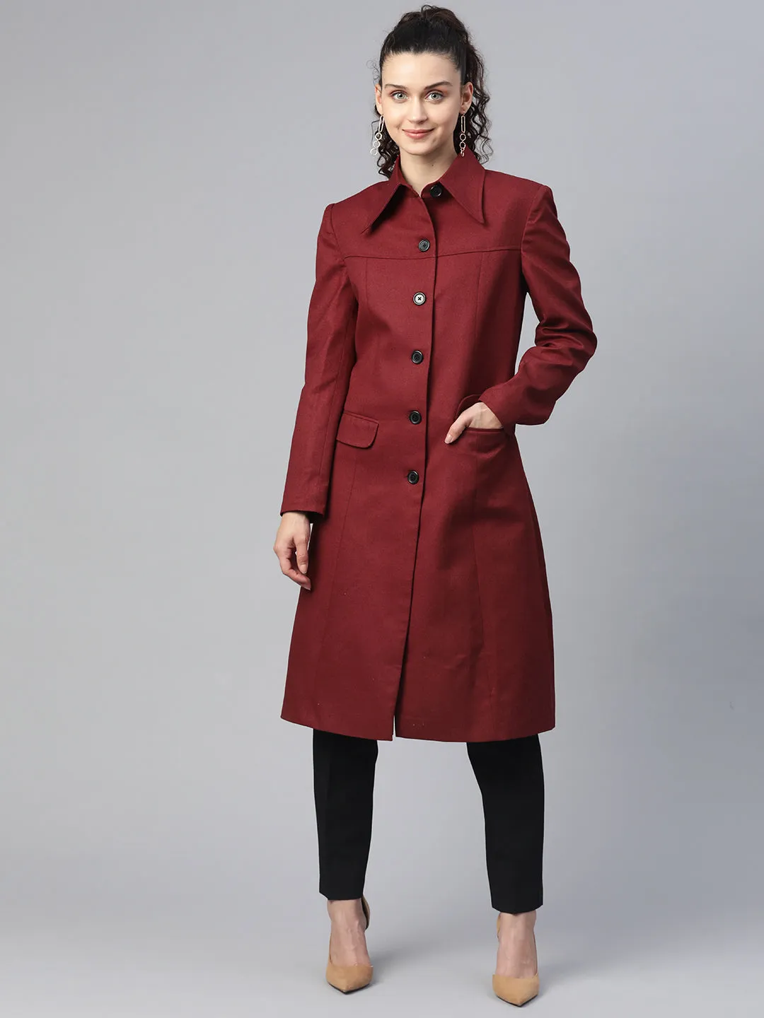 Solid Tweed Over Coat - Wine Red