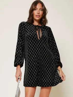 Tie-neck Bishop Sleeve Sparkle Dress