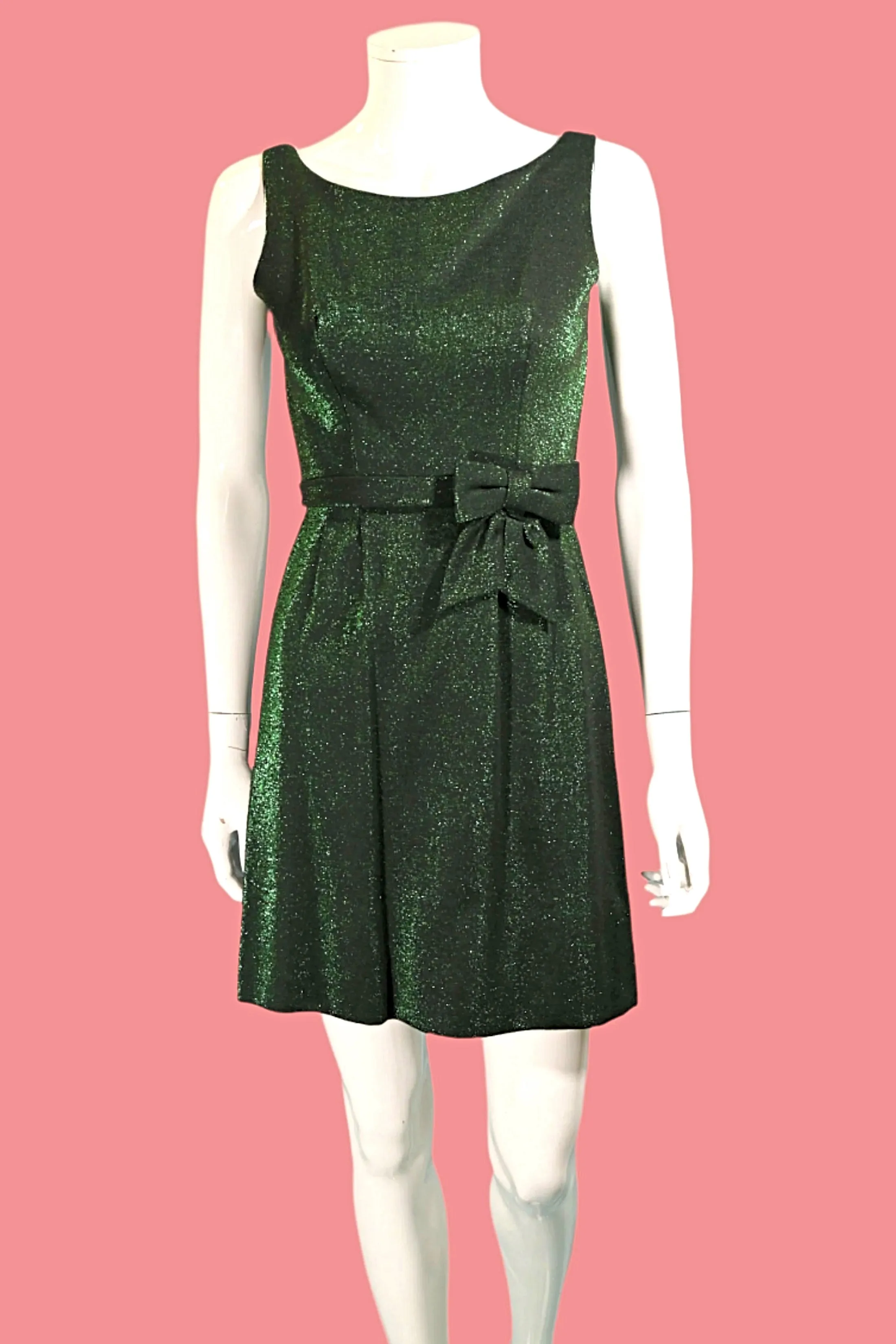 Vintage 60s Green Sparkle Dress w/Bow on the Waist XS