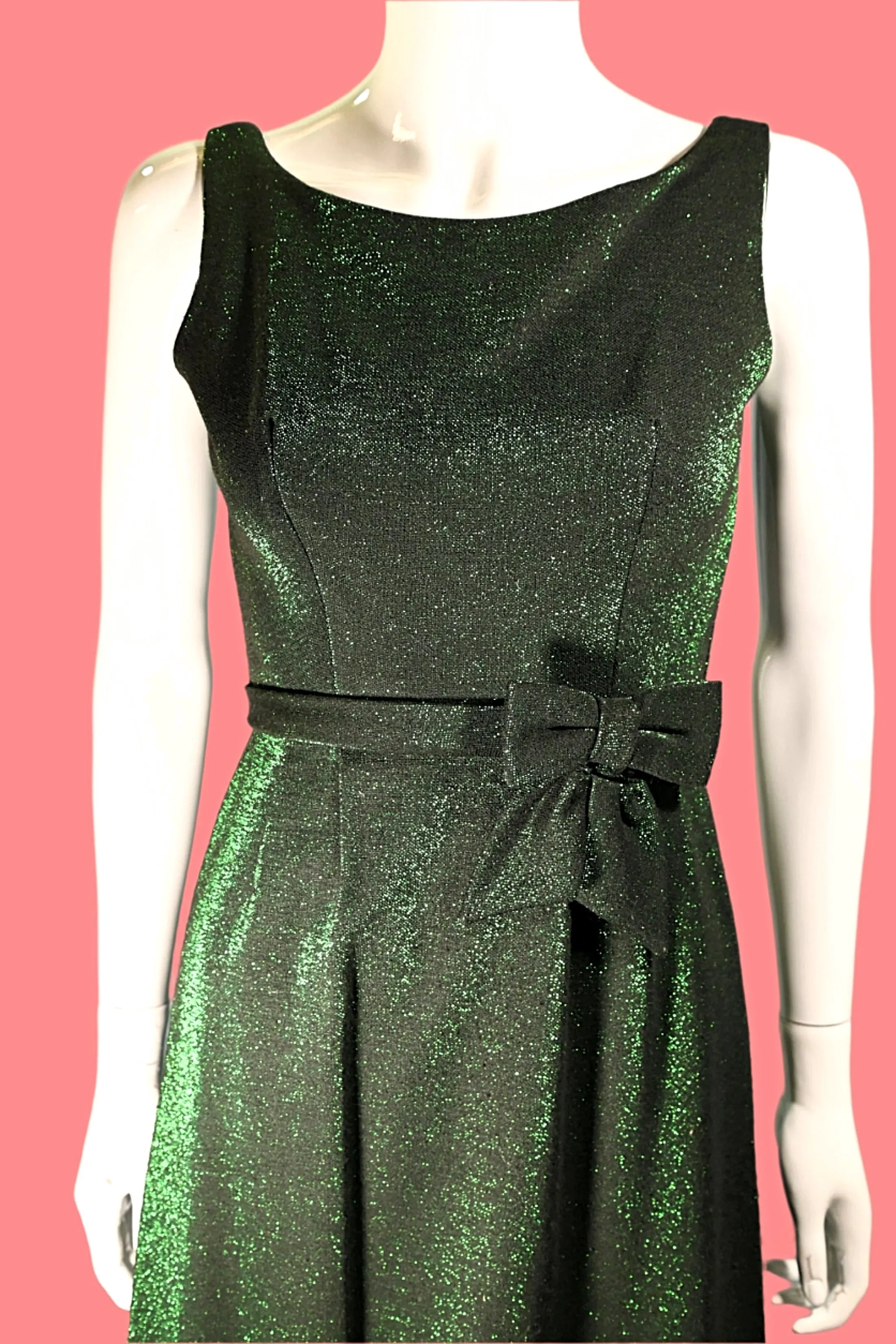 Vintage 60s Green Sparkle Dress w/Bow on the Waist XS