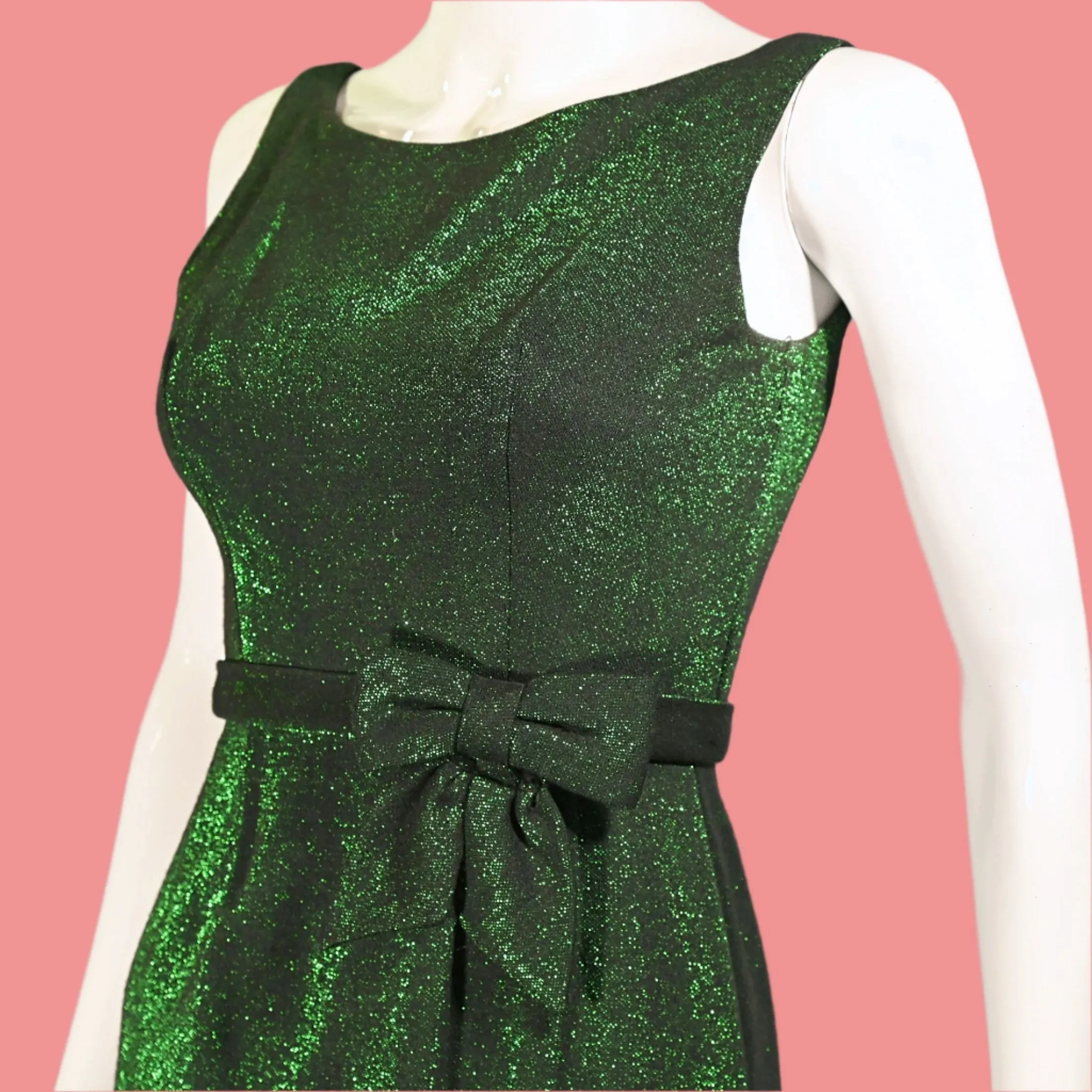 Vintage 60s Green Sparkle Dress w/Bow on the Waist XS