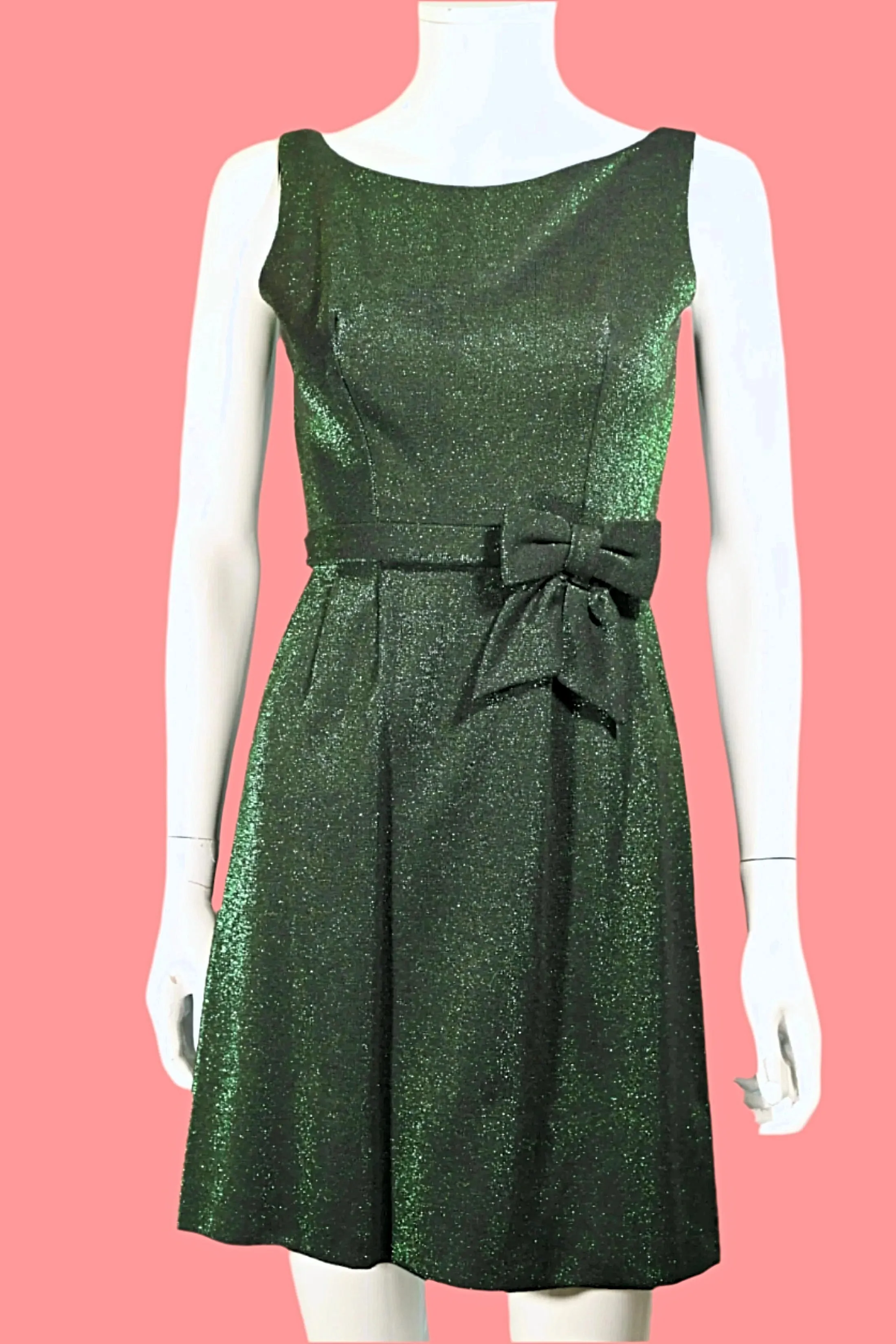 Vintage 60s Green Sparkle Dress w/Bow on the Waist XS